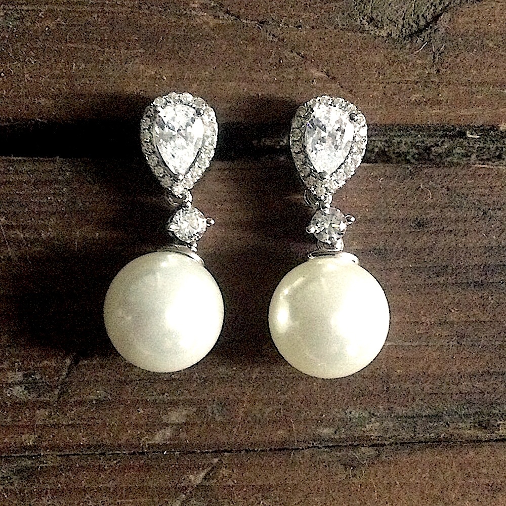FAUX SILVER/DIAMOND/WHITE PEARL PIERCED EARRINGS